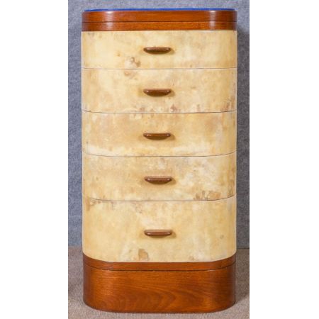 Auérgewöhnliches antikes Paar Art-Déco-Walnussnachttische und Pergament 