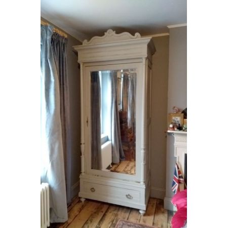 antiker französisch grau lackierter Kleiderschrank, Spiegelschrank, 19. Jahrhundert 