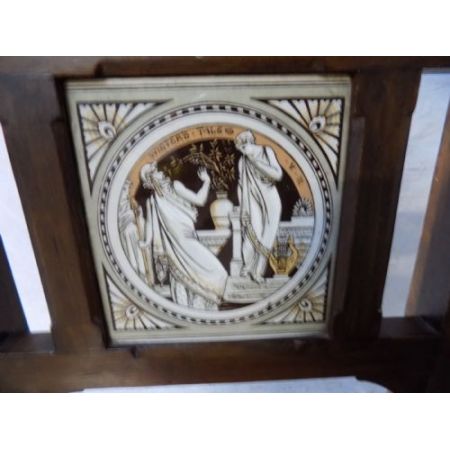 Antikes Paar viktorianischer Eichenstühle mit Keramikfliese aus 1880