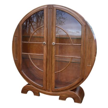 Antike runde Art Déco Vitrine aus Walnussholz der 1930er Jahre