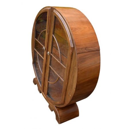 Antike runde Art Déco Vitrine aus Walnussholz der 1930er Jahre