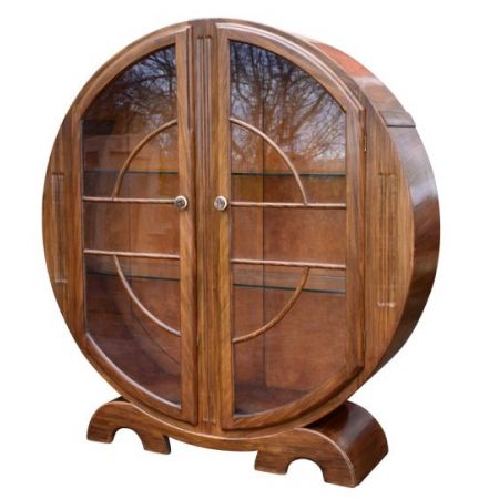 Antike runde Art Déco Vitrine aus Walnussholz der 1930er Jahre
