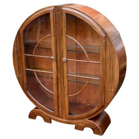 Antike runde Art Déco Vitrine aus Walnussholz der 1930er Jahre