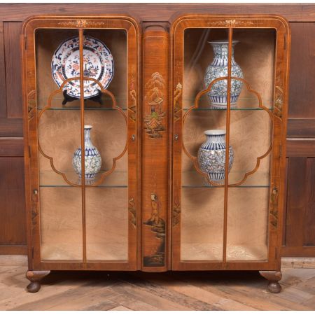 walnut chinoiserie decorated display cabinet