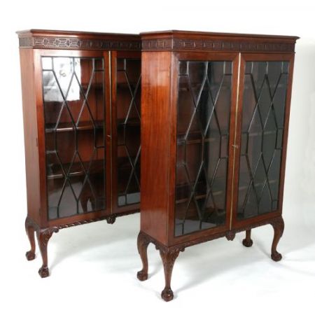 antikes Paar Chippendale-Revival-Bücherschränke Mahagoni Massivholz 1890