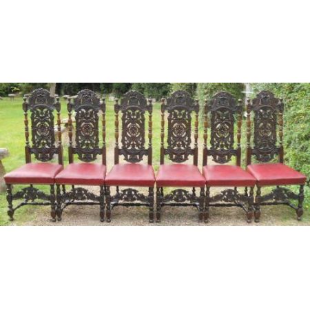 Set aus sechs viktorianischen, geschnitzten Eichenstühlen