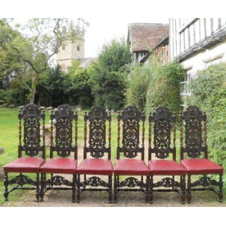 Set aus sechs viktorianischen, geschnitzten Eichenstühlen