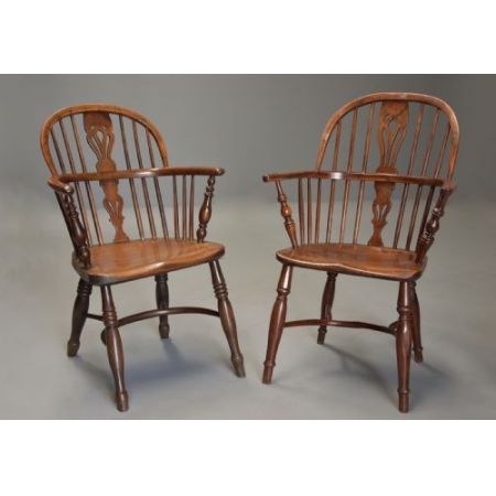 Antikes Set aus sechs Windsor Amrlehnenstühle, mit niedriger Rückenlehne aus Eibe, ca. 1840