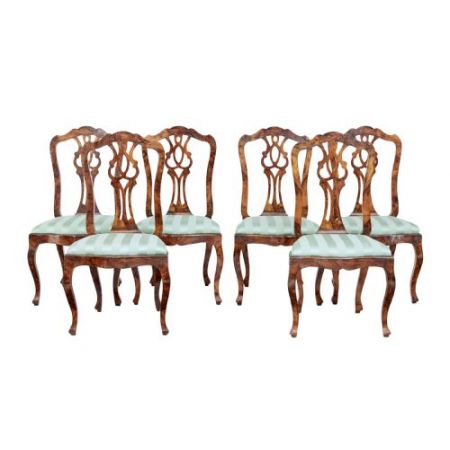 Antiker schwedischer Nussbaum Esstisch mit sechs Stühlen aus dem 19, Jahrhundert