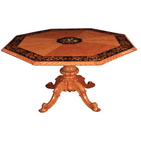  Seltene achteckiger Esstisch mit Intarsien aus Vogelaugenahorn in der Mitte