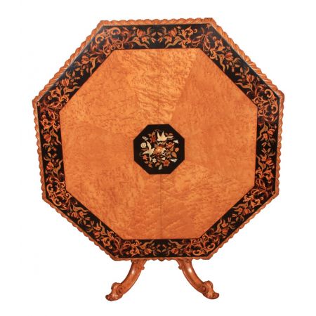  Seltene achteckiger Esstisch mit Intarsien aus Vogelaugenahorn in der Mitte