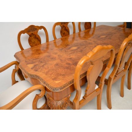 Antiker Walnuss Esstisch und 8 Stühle im Queen Anne Stil