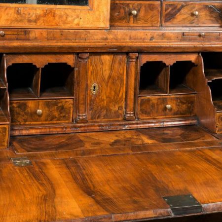 Antiker Englischer Bücherschrank aus massivem Maser- und Wurzelnussholz
