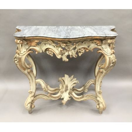 Premium! Italienischer Rokoko-Konsolentisch mit blautürkisfarbener Marmorplatte Massivholz um 1760 antik