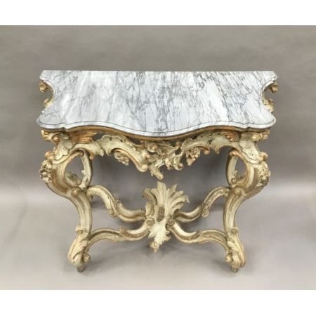 Premium! Italienischer Rokoko-Konsolentisch mit blautürkisfarbener Marmorplatte Massivholz um 1760 antik