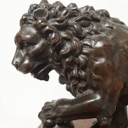 Antiker Grand Tour Medici Löwe aus Bronze auf Mahagonisockel um 1860