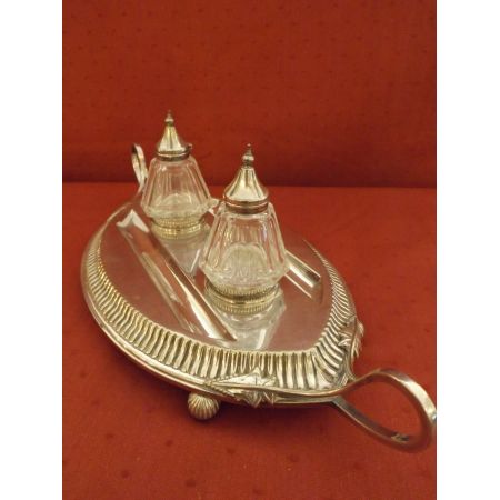 Antiker, edwardianischer, versilberter Tintenständer mit Glasflaschen