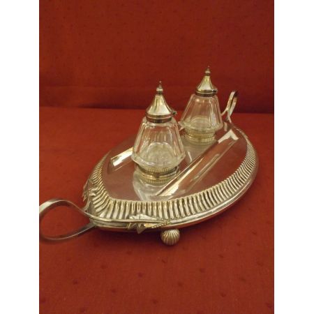 Antiker, edwardianischer, versilberter Tintenständer mit Glasflaschen