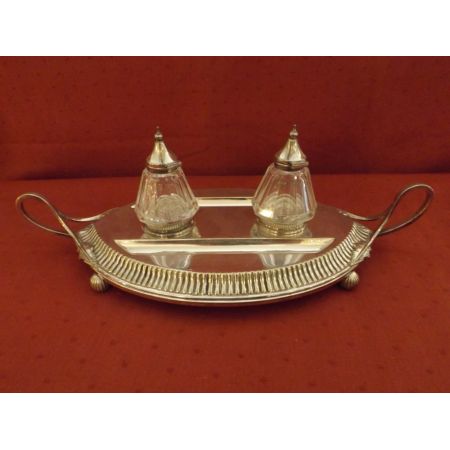 Antiker, edwardianischer, versilberter Tintenständer mit Glasflaschen