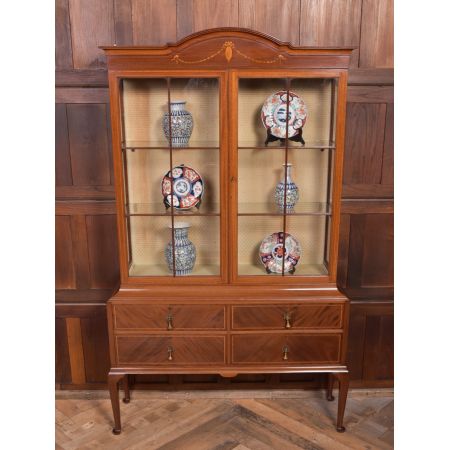 Antike edwardianische eingelegte Mahagoni Vitrine