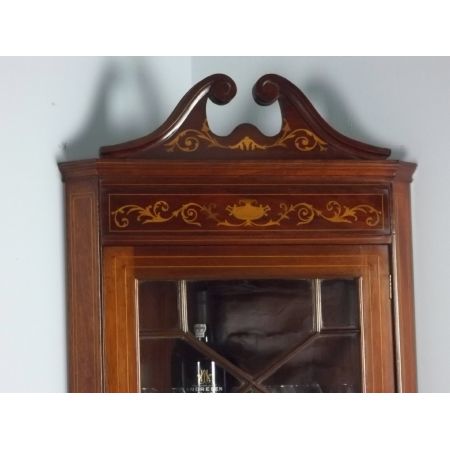 Antike edwardianische eingelegte Intarsien Eck-Vitrine aus Mahagoni von ca 1900