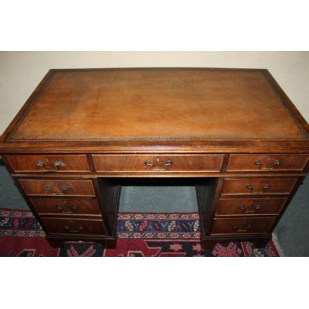 Antiker Mahagoni-Sockelschreibtisch mit hellbrauner Lederplatte