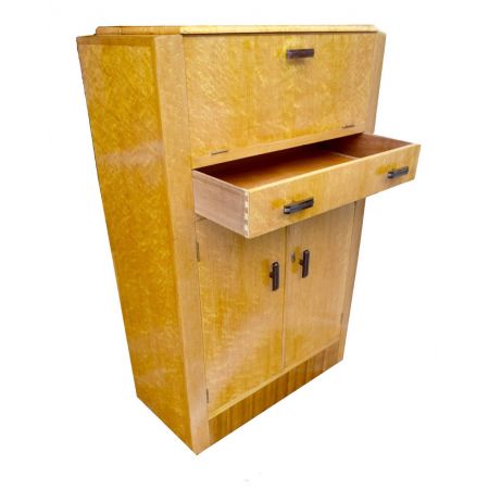 Antiker Art Deco Cocktailschrank aus hellem Vogelaugenahorn