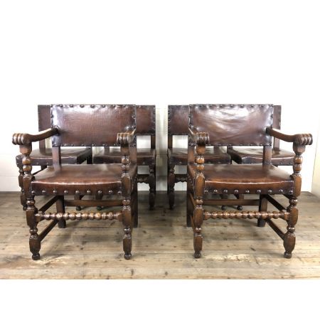 Antikes Set mit sechs Esszimmerstühlen aus Eichenholz und Leder