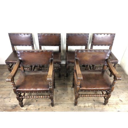 Antikes Set mit sechs Esszimmerstühlen aus Eichenholz und Leder