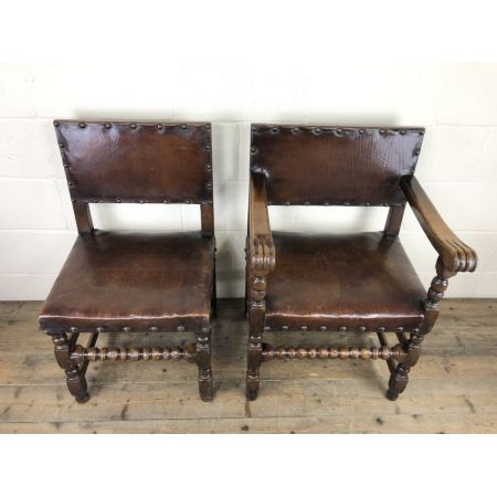 Antikes Set mit sechs Esszimmerstühlen aus Eichenholz und Leder