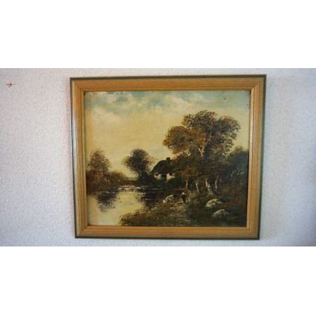 Oelbild Haus am See im Goldrahmen 