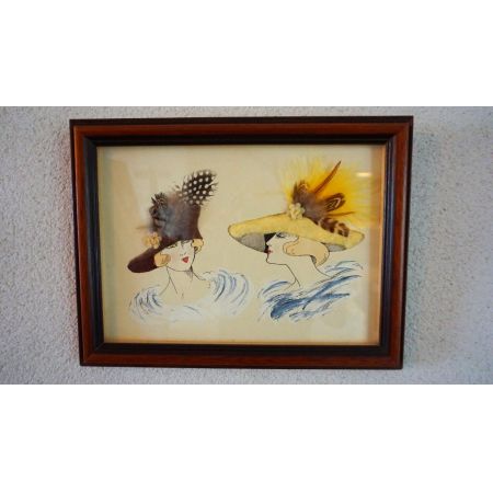 20er Jahre Bild im Holzrahmen Damen mit Federhüten 