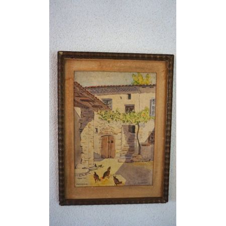 Französischer Öldruck Hühner im Hof