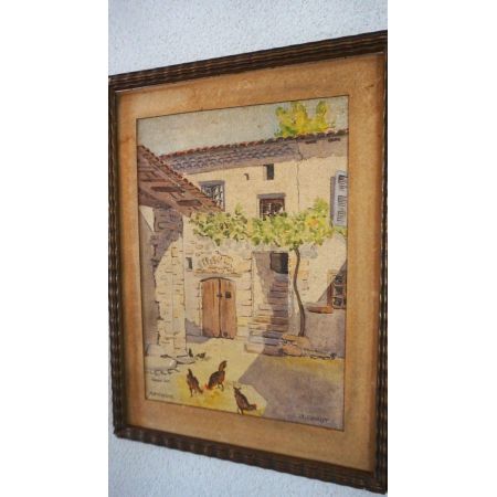 Französischer Öldruck Hühner im Hof