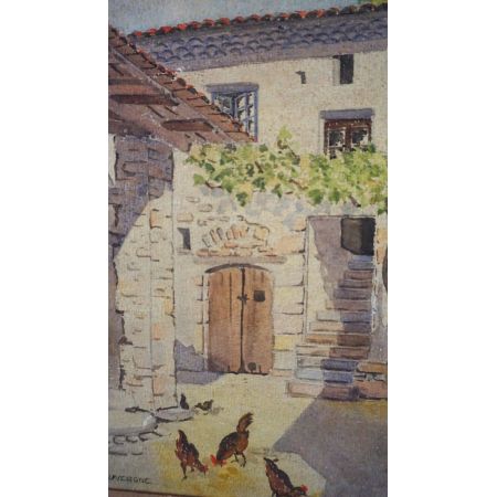 Französischer Öldruck Hühner im Hof