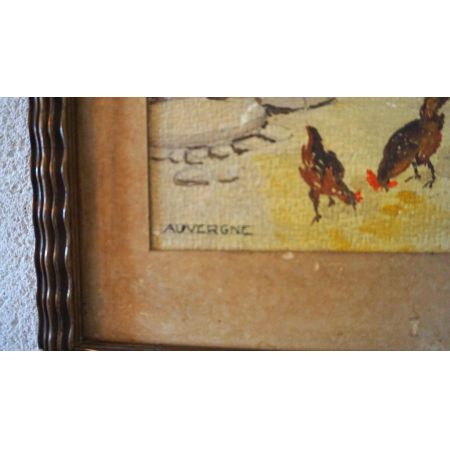 Französischer Öldruck Hühner im Hof