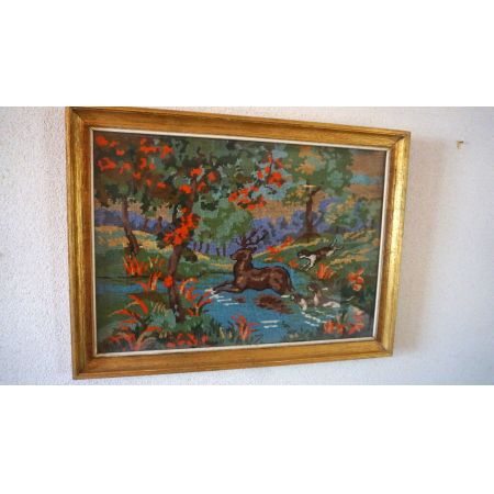 Bild Stickbild  Jagdszene Hirsch im Goldrahmen