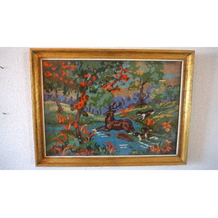 Bild Stickbild  Jagdszene Hirsch im Goldrahmen