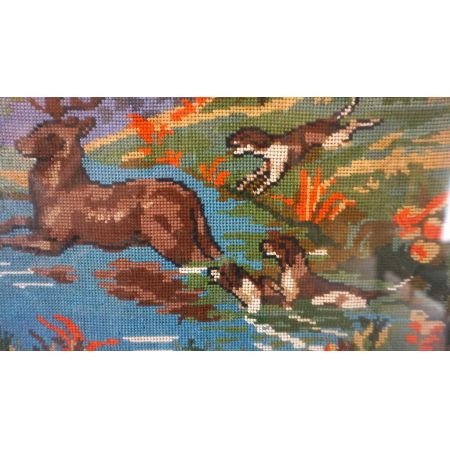 Bild Stickbild  Jagdszene Hirsch im Goldrahmen