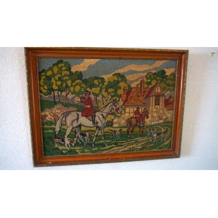  Jagdszene Stickerei Jäger und Hunde gerahmt