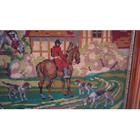  Jagdszene Stickerei Jäger und Hunde gerahmt
