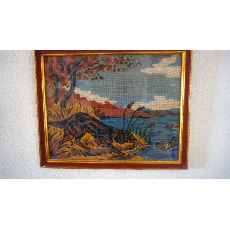 Stickerei Jagdhund und Enten Rahmen Holz und Gold