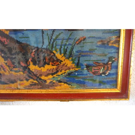 Stickerei Jagdhund und Enten Rahmen Holz und Gold