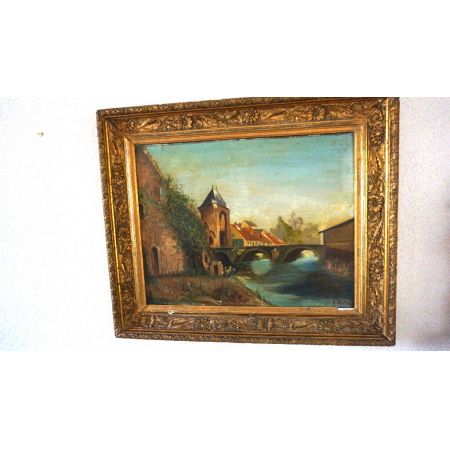 Ölgemälde Brücke im Goldrahmen