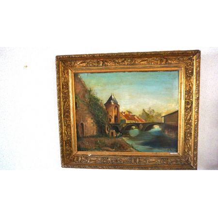 Ölgemälde Brücke im Goldrahmen