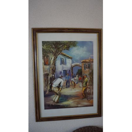 Antikes Gemälde Boccia Szene in Holzrahmen