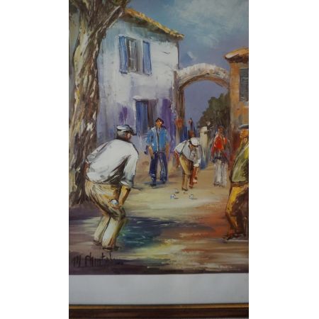 Antikes Gemälde Boccia Szene in Holzrahmen