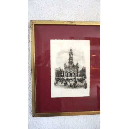 Antiker Goldrahmen mit Schwarz Weiß Gemälde, Kathedrale