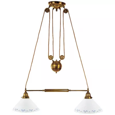 Doppelzugleuchte Hängeleuchte mit Opalgläsern und blauer Verzierung 55 cm