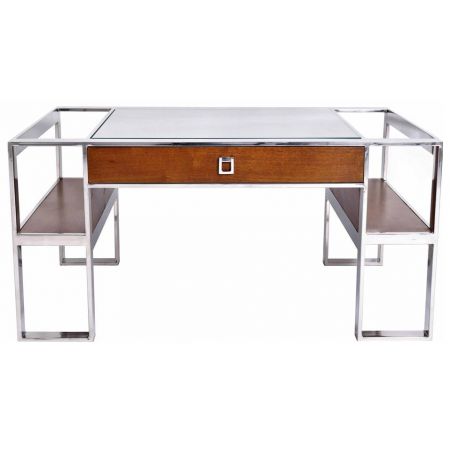"Inox" kleiner Sofatisch aus Edelstahl und braunem Massivholz mit Glaselementen